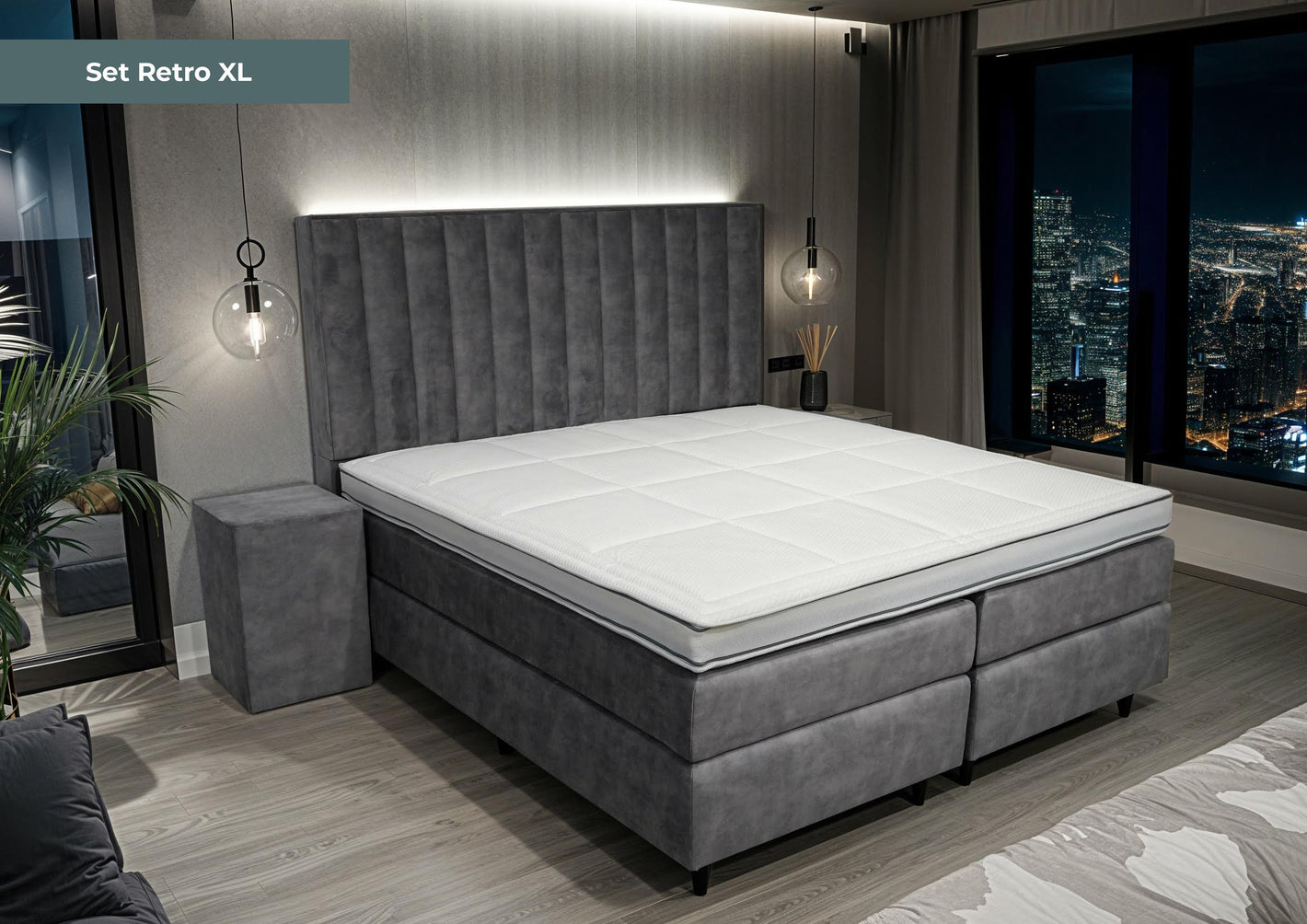 Boxspring Retro XL grijs - Speciale editie - Luxe 7 zone matrassen - complete set met gratis topmatras